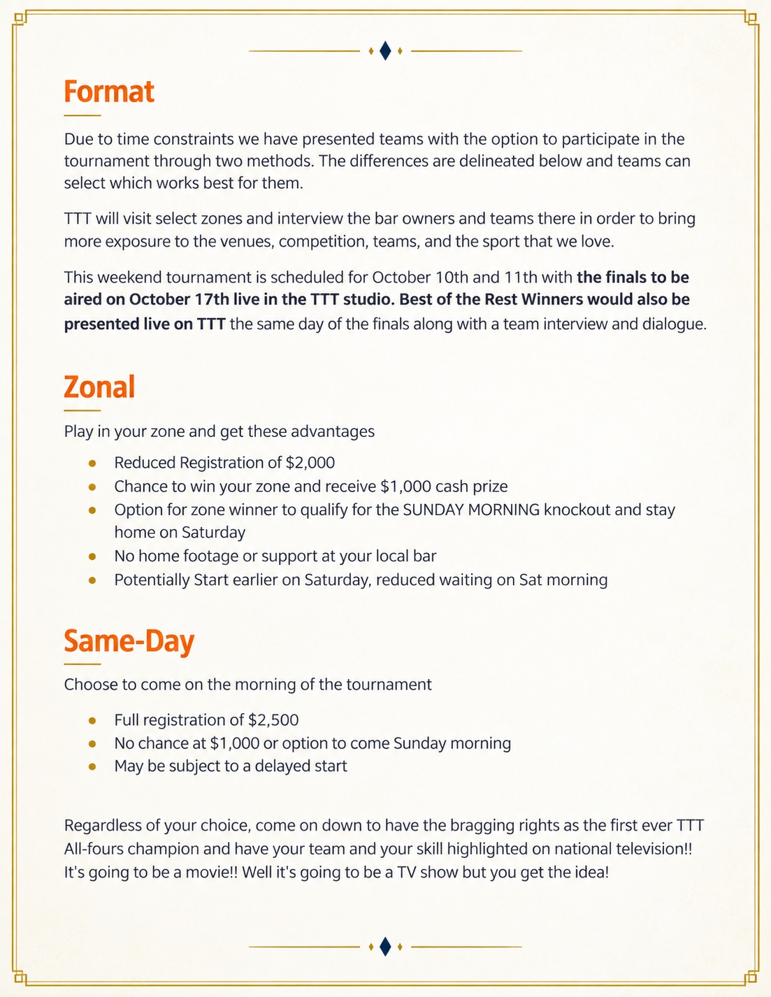Tournament format with Zonal and Same-Day participation options, registration details and finals information.